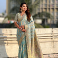 Sky Blue Banarasi Silk Saree Floral Zari Weaving Rich Golden Border
