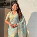 Sky Blue Banarasi Silk Saree Floral Zari Weaving Rich Golden Border