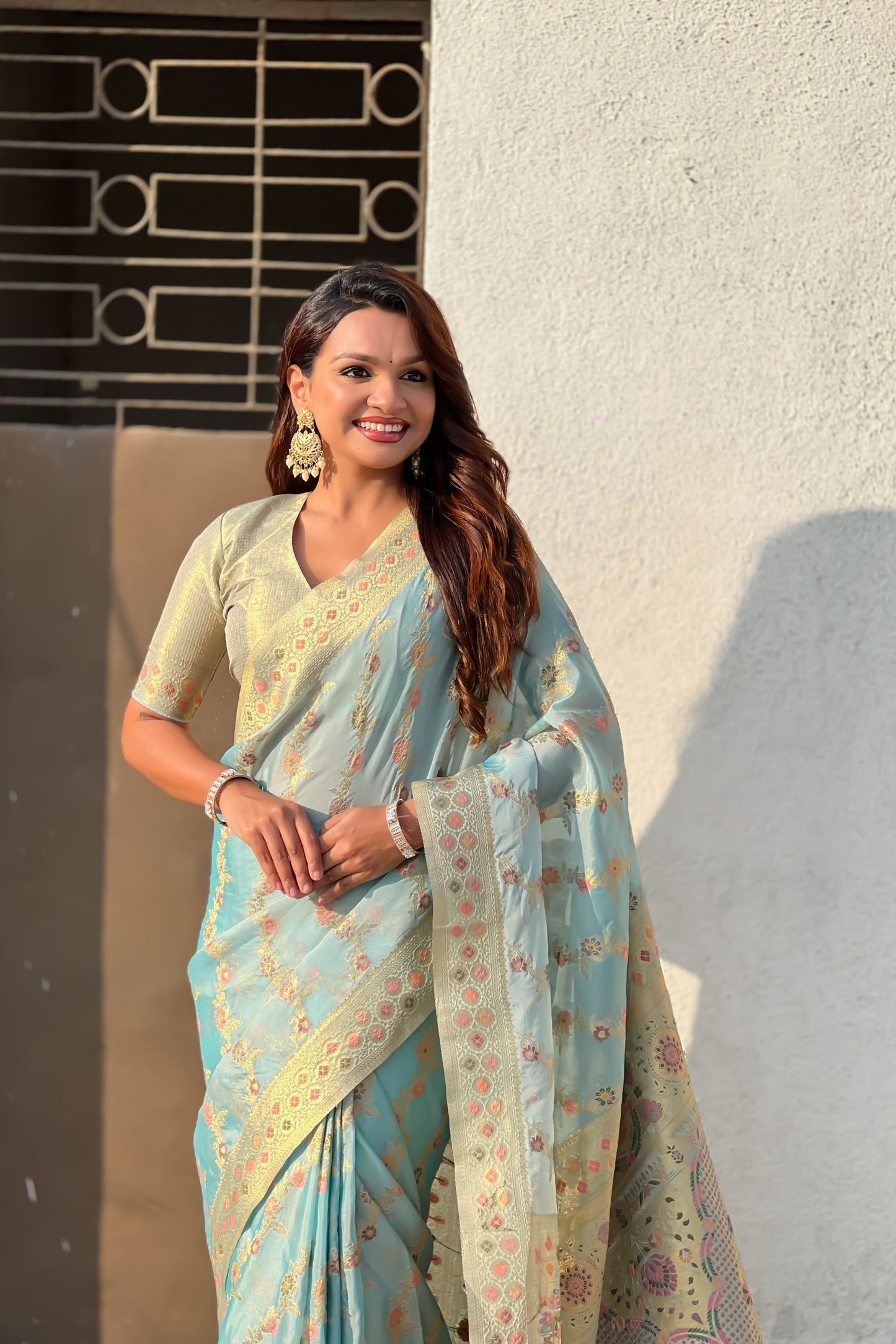 Sky Blue Banarasi Silk Saree Floral Zari Weaving Rich Golden Border