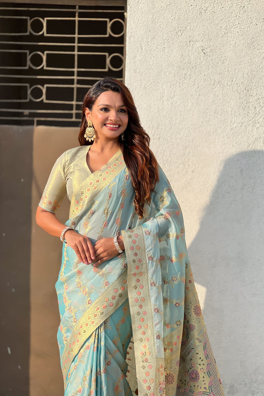 Sky Blue Banarasi Silk Saree Floral Zari Weaving Rich Golden Border