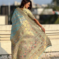 Sky Blue Banarasi Silk Saree Floral Zari Weaving Rich Golden Border