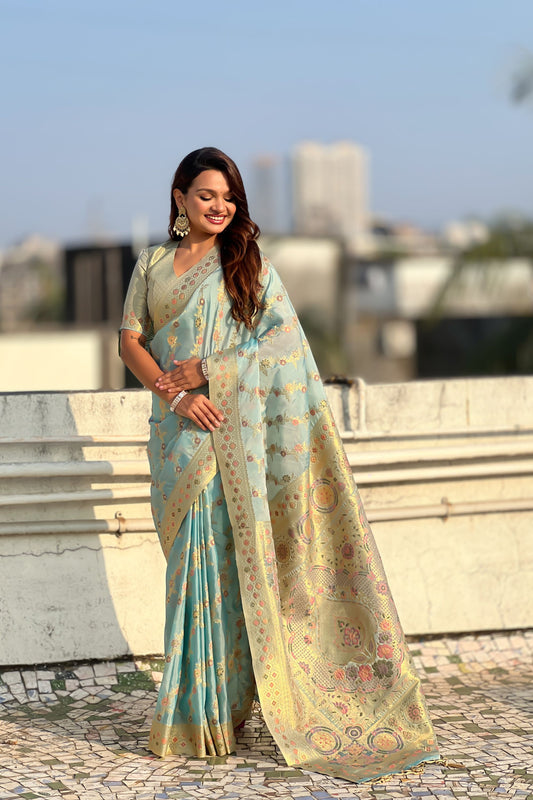 Sky Blue Banarasi Silk Saree Floral Zari Weaving Rich Golden Border 