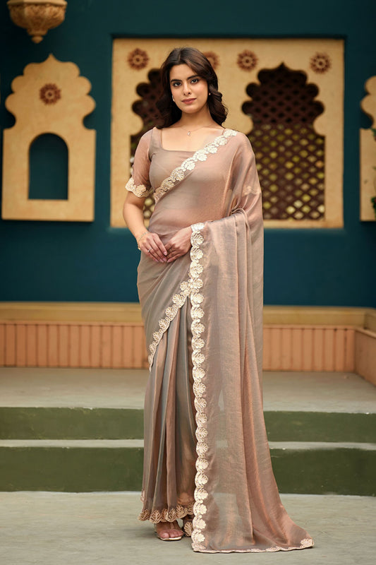  Beige Organza Silk Saree with Floral Lace Border 