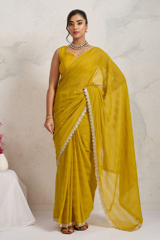 Mustard Yellow Chiffon Saree Lace Border Designer Saree