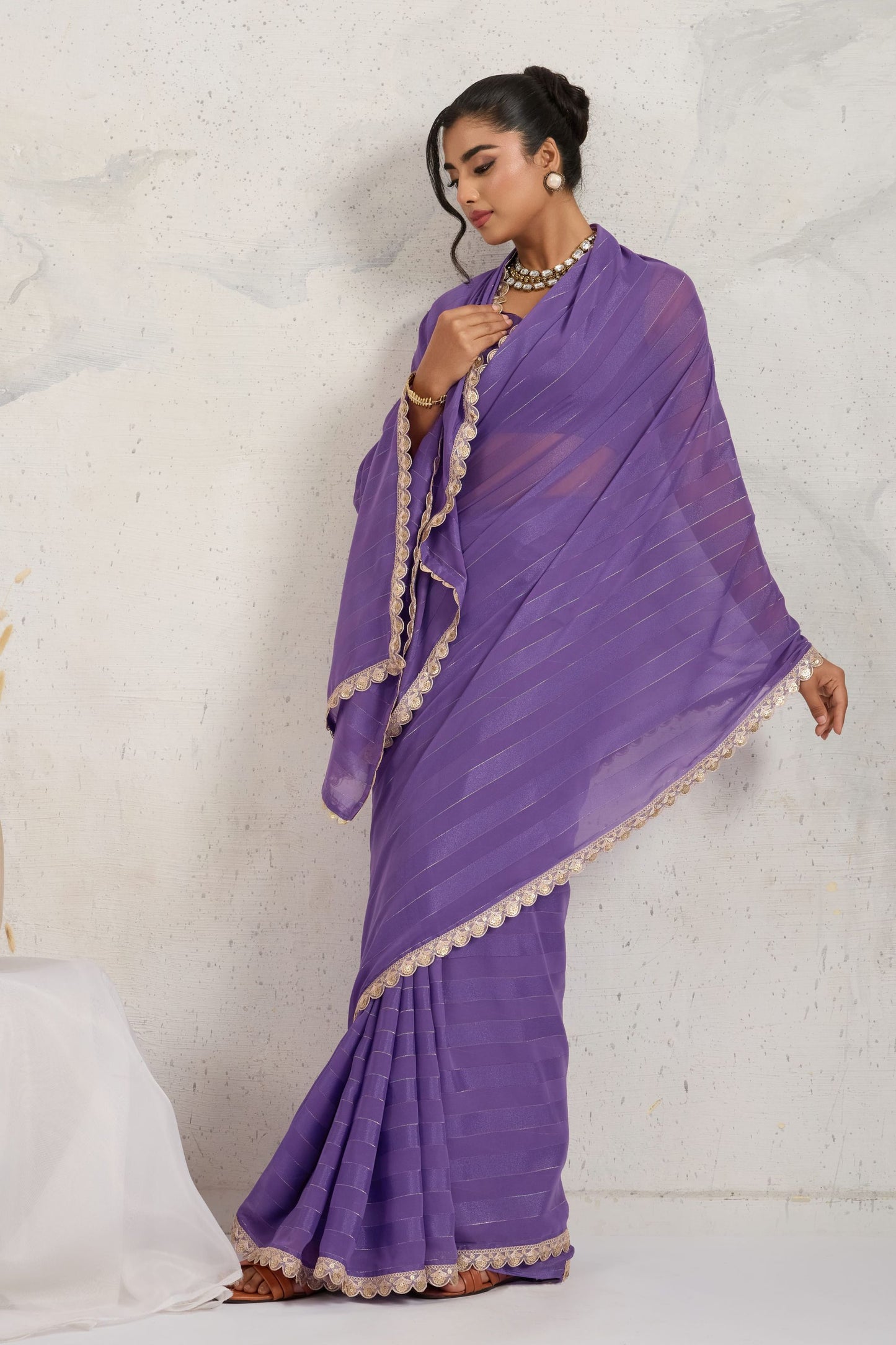 Purple Chiffon Saree with Lace Border Designer Saree