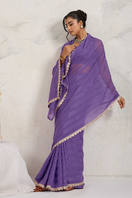 Purple Chiffon Saree with Lace Border Designer Saree