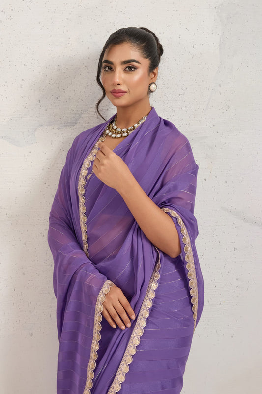 Purple Chiffon Saree with Lace Border Designer Saree