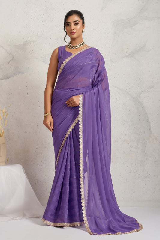 Purple Chiffon Saree with Lace Border Designer Saree