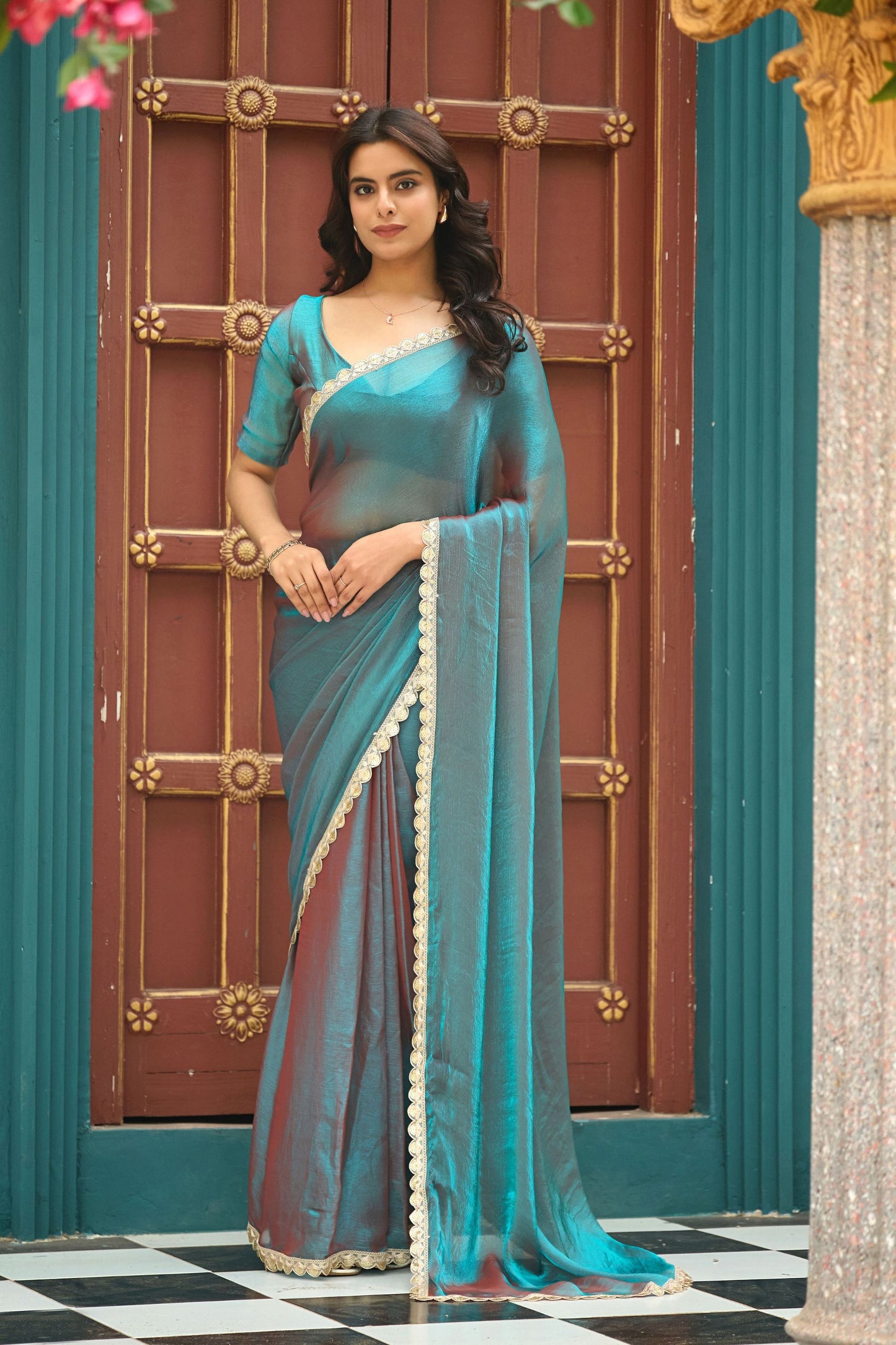 Teal Blue Dual Tone Saree with Lace Border Designer Saree