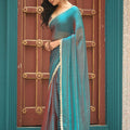 Teal Blue Dual Tone Saree with Lace Border Designer Saree