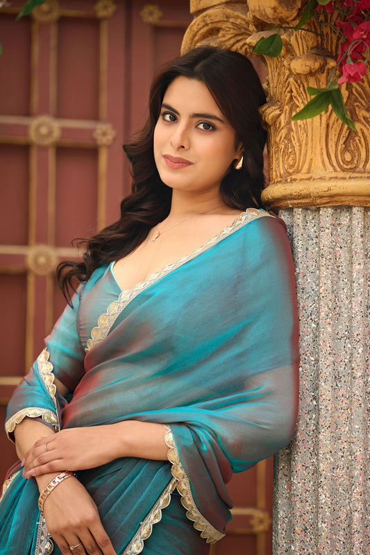 Teal Blue Dual Tone Saree with Lace Border Designer Saree
