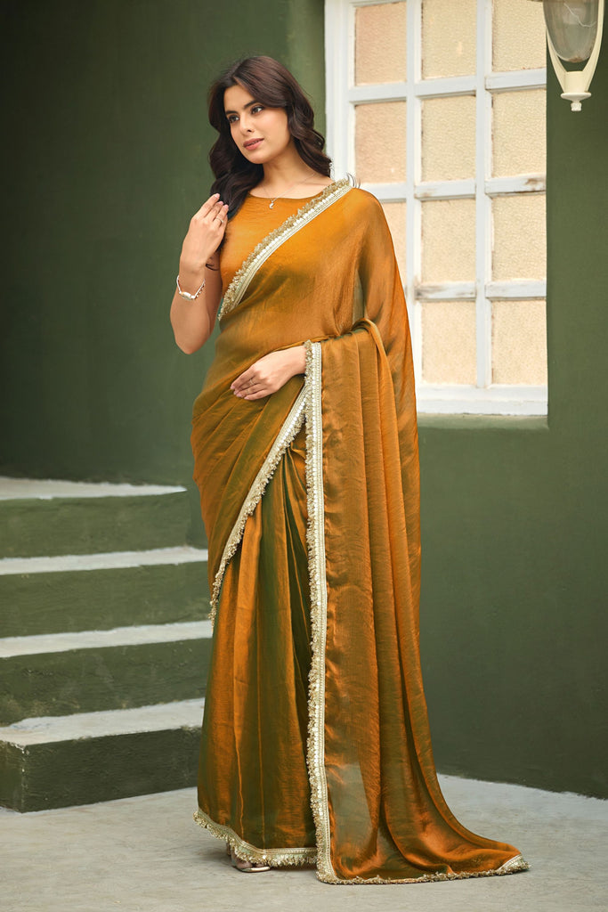 Mustard Copper Shimmer Saree with Zari Border Designer Saree