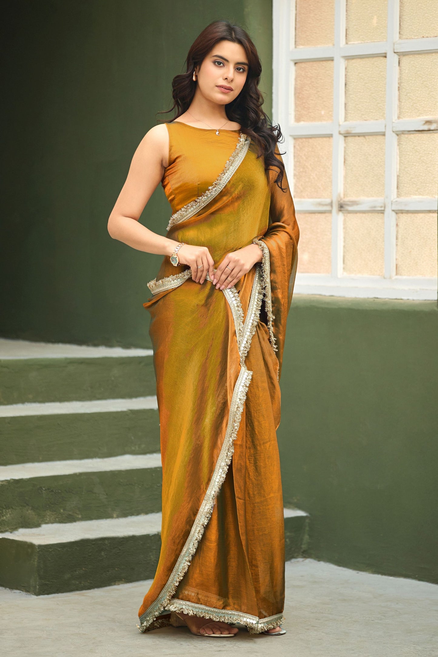 Mustard Copper Shimmer Saree with Zari Border Designer Saree