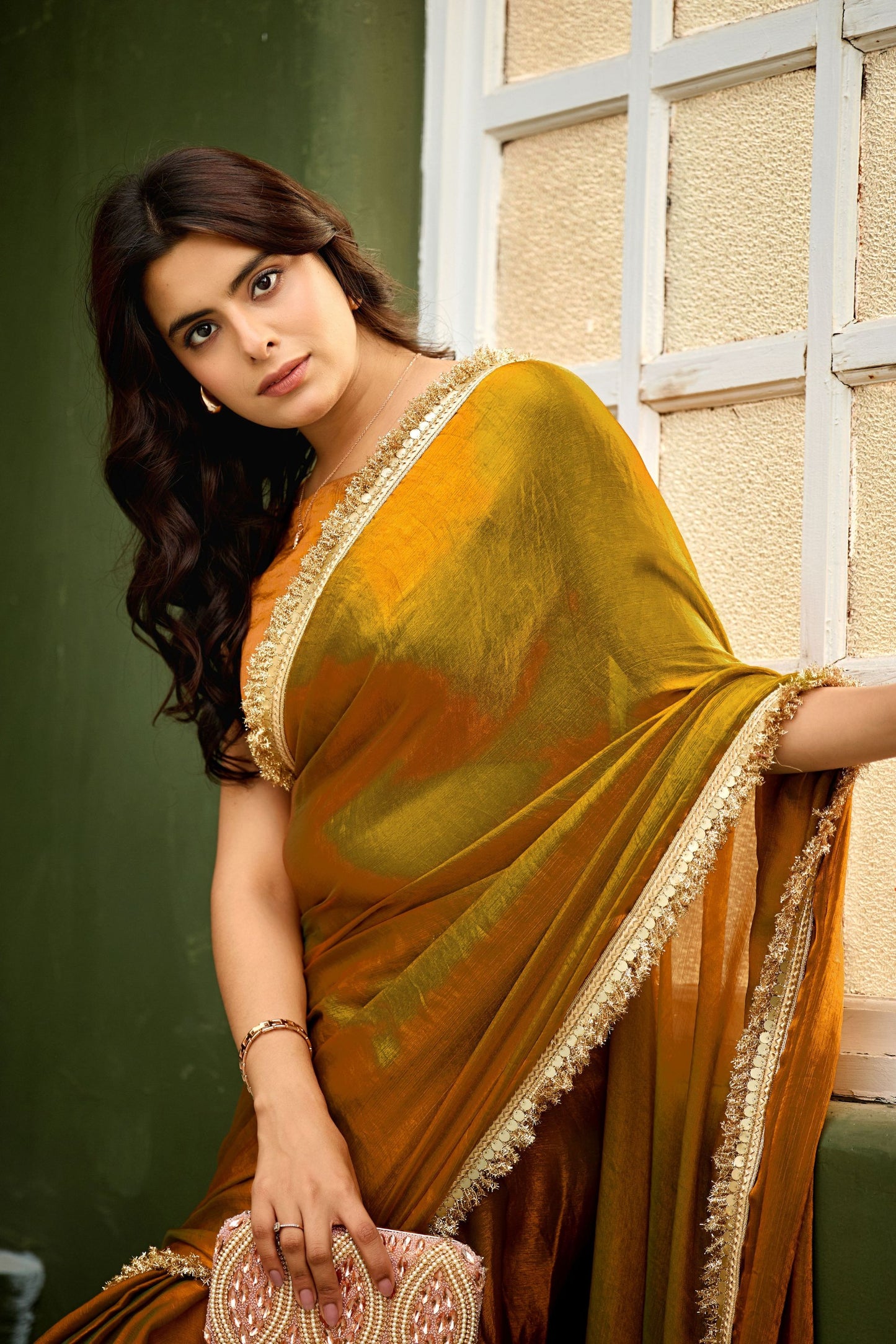 Mustard Copper Shimmer Saree with Zari Border Designer Saree