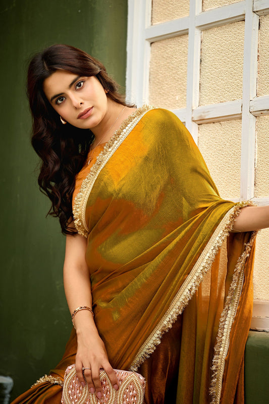 Mustard Copper Shimmer Saree with Zari Border Designer Saree