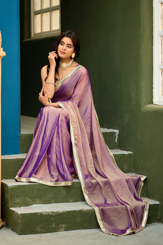 Lavender Purple Dual Tone Shimmer Saree Zari Border Designer Saree
