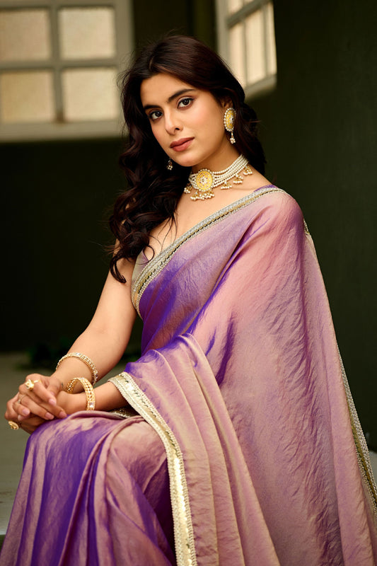 Lavender Purple Dual Tone Shimmer Saree Zari Border Designer Saree