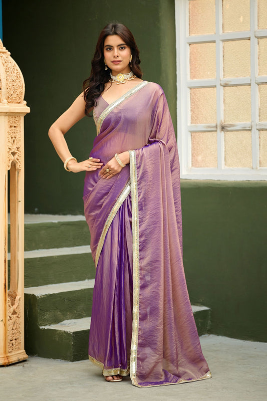 Lavender Purple Dual Tone Shimmer Saree Zari Border Designer Saree