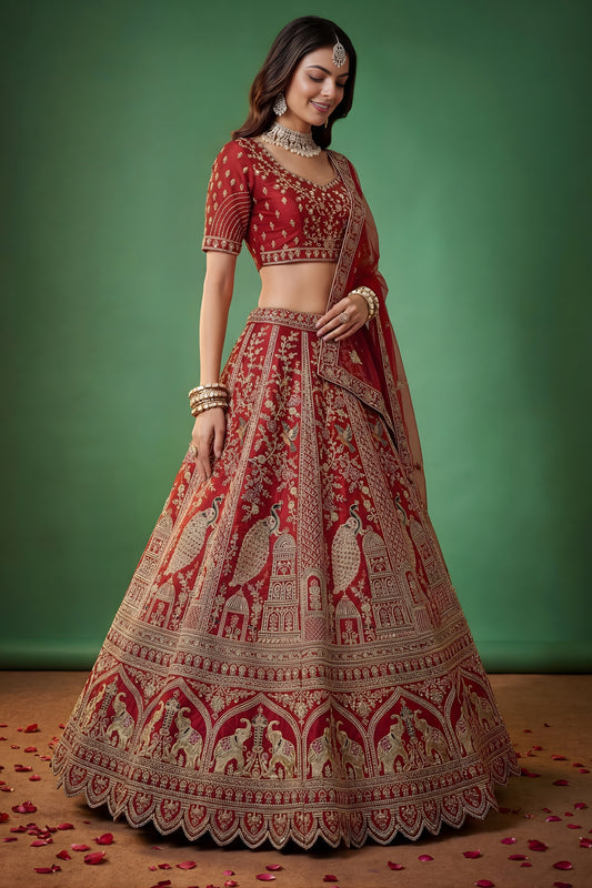 Stunning Red Silk Bridal Lehenga Choli with Heavy Zari Embroidery and Net Dupatta