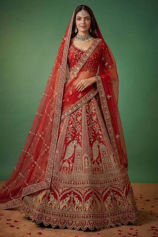 Stunning Red Silk Bridal Lehenga Choli with Heavy Zari Embroidery and Net Dupatta