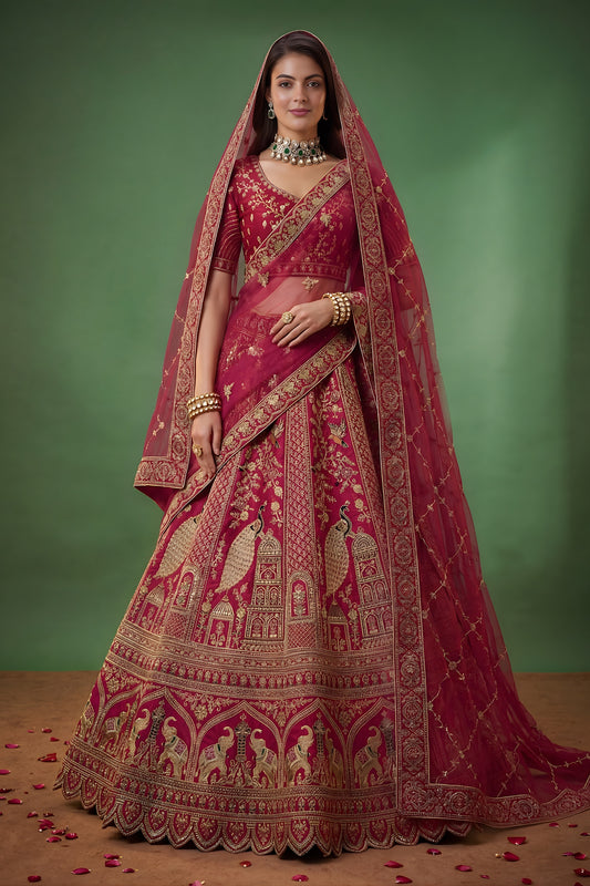 Graceful Pink Silk Bridal Lehenga Choli with Heavy Zari Embroidery and Net Dupatta