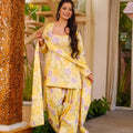 Elegant Yellow Digital Printed Cambric Cotton Punjabi Patiala Suit with Dupatta for Women
