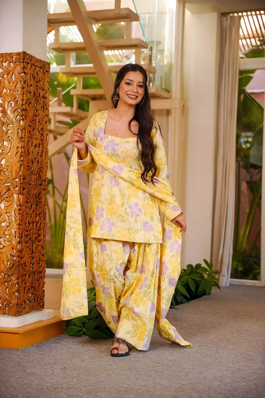 Elegant Yellow Digital Printed Cambric Cotton Punjabi Patiala Suit with Dupatta for Women