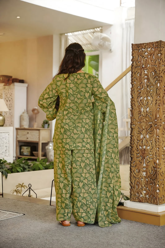 Beautiful Mehendi Green Digital Printed Cambric Cotton Punjabi Patiala Suit with Dupatta for Women