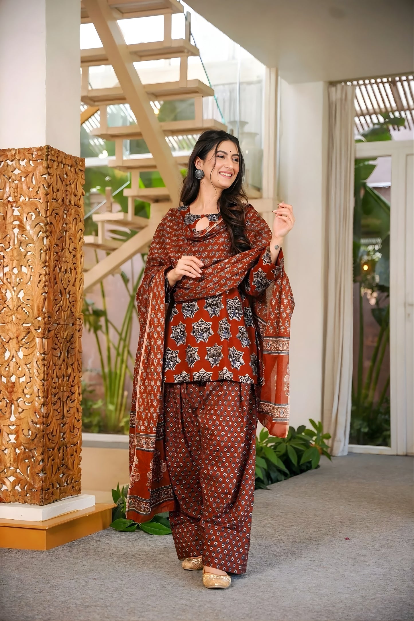 Stylish Rust Digital Printed Cambric Cotton Punjabi Patiala Suit with Dupatta for Women
