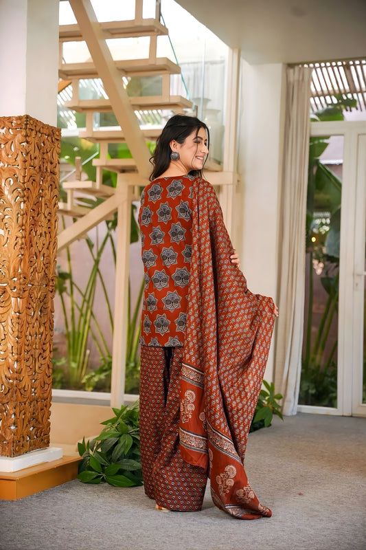 Stylish Rust Digital Printed Cambric Cotton Punjabi Patiala Suit with Dupatta for Women