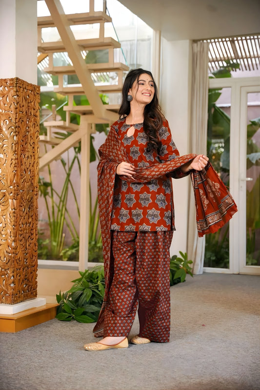 Stylish Rust Digital Printed Cambric Cotton Punjabi Patiala Suit with Dupatta for Women