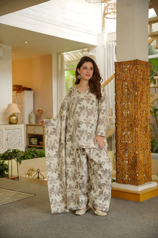 Amazing Cream Digital Printed Cambric Cotton Punjabi Patiala Suit with Dupatta for Women
