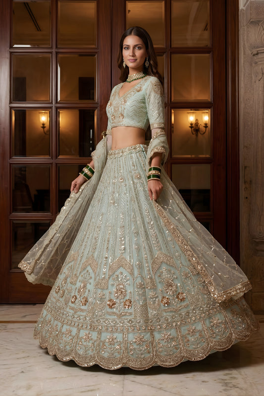 Glorious Sea Green Embroidered Wedding Wear Lehenga Choli with Net Dupatta