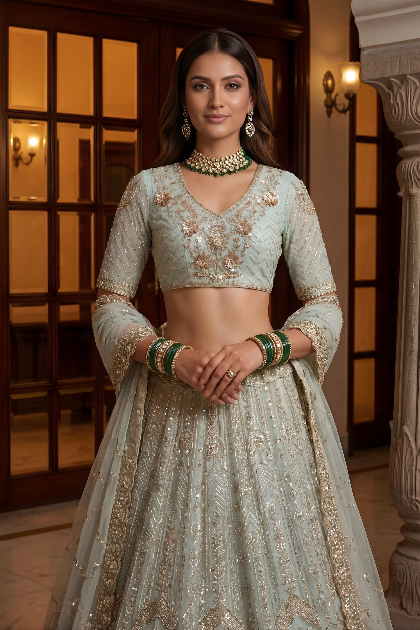 Glorious Sea Green Embroidered Wedding Wear Lehenga Choli with Net Dupatta