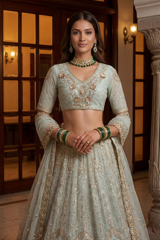Glorious Sea Green Embroidered Wedding Wear Lehenga Choli with Net Dupatta