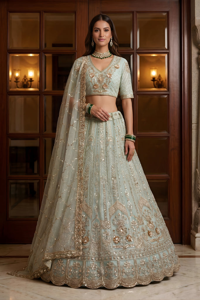 Glorious Sea Green Embroidered Wedding Wear Lehenga Choli with Net Dupatta