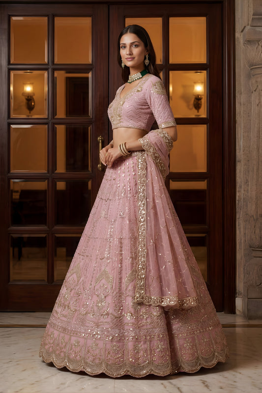 Stunning Pink Embroidered Wedding Wear Lehenga Choli with Net Dupatta