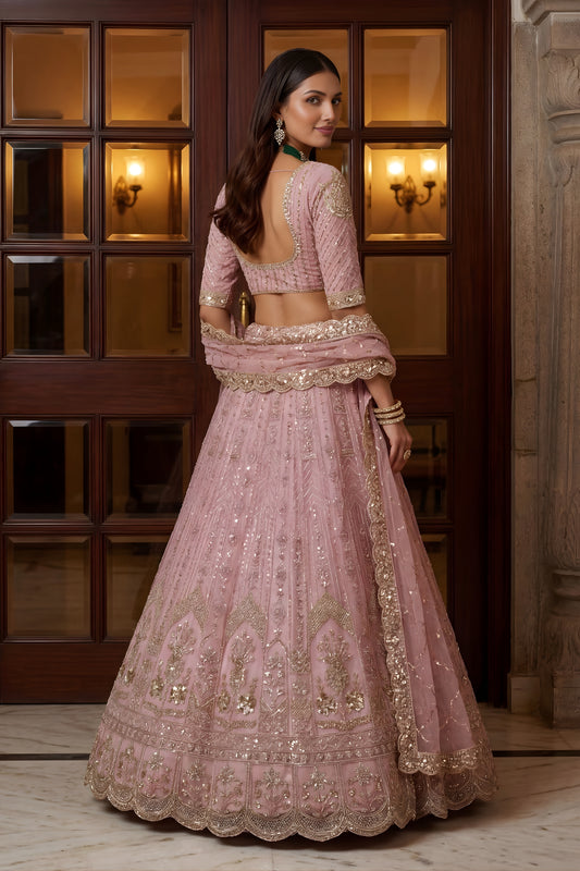 Stunning Pink Embroidered Wedding Wear Lehenga Choli with Net Dupatta
