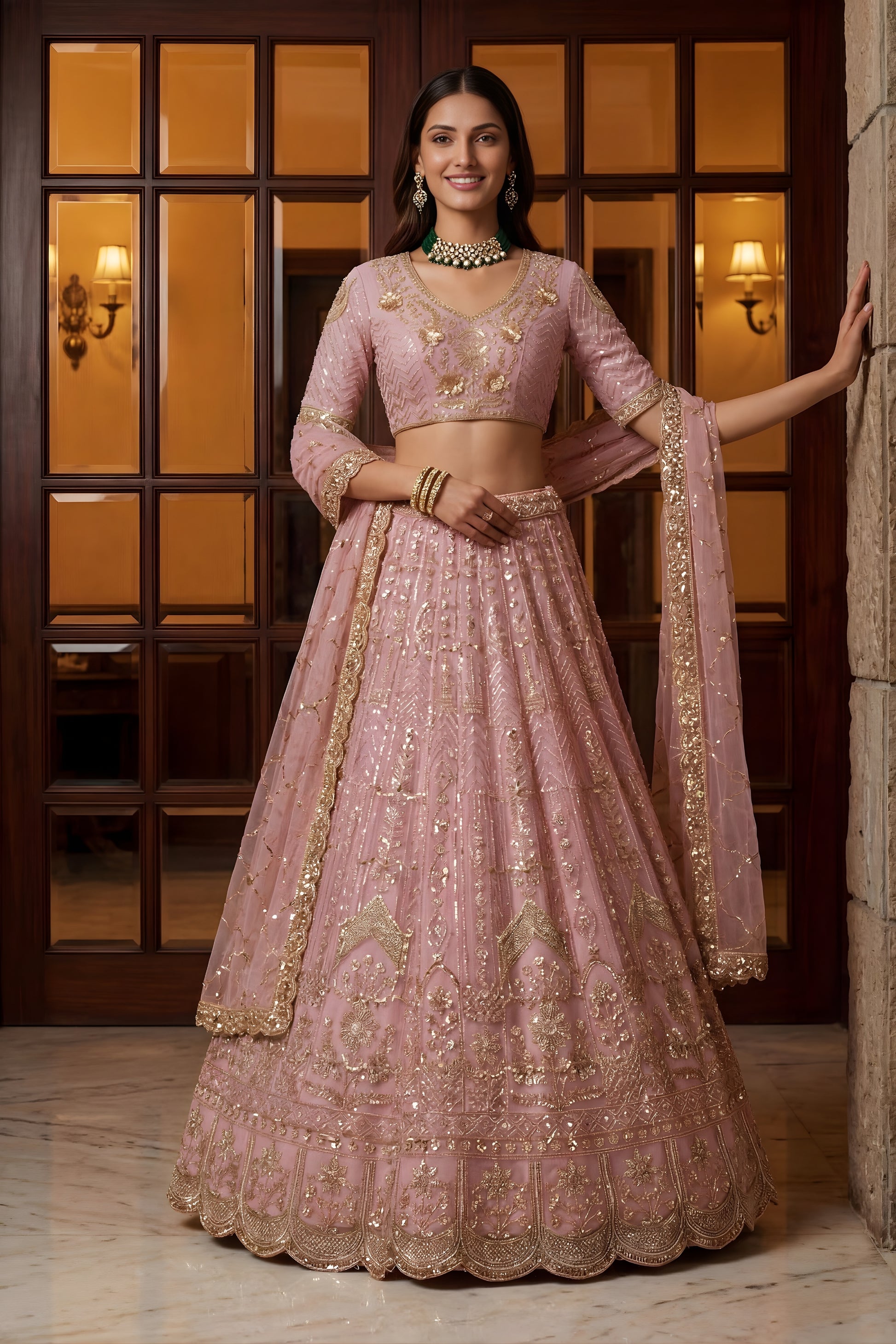 Stunning Pink Embroidered Wedding Wear Lehenga Choli with Net Dupatta