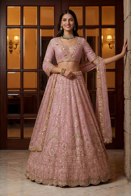 Stunning Pink Embroidered Wedding Wear Lehenga Choli with Net Dupatta