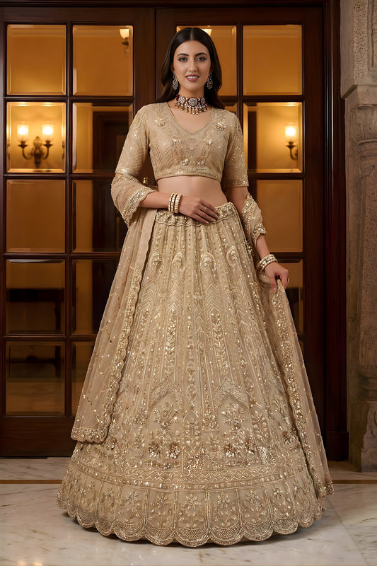 Elegant Beige Embroidered Wedding Wear Lehenga Choli with Net Dupatta
