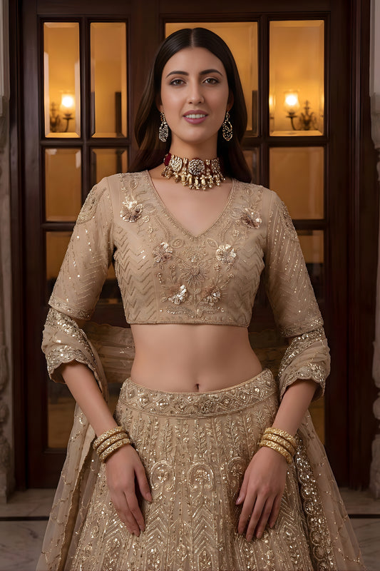 Elegant Beige Embroidered Wedding Wear Lehenga Choli with Net Dupatta