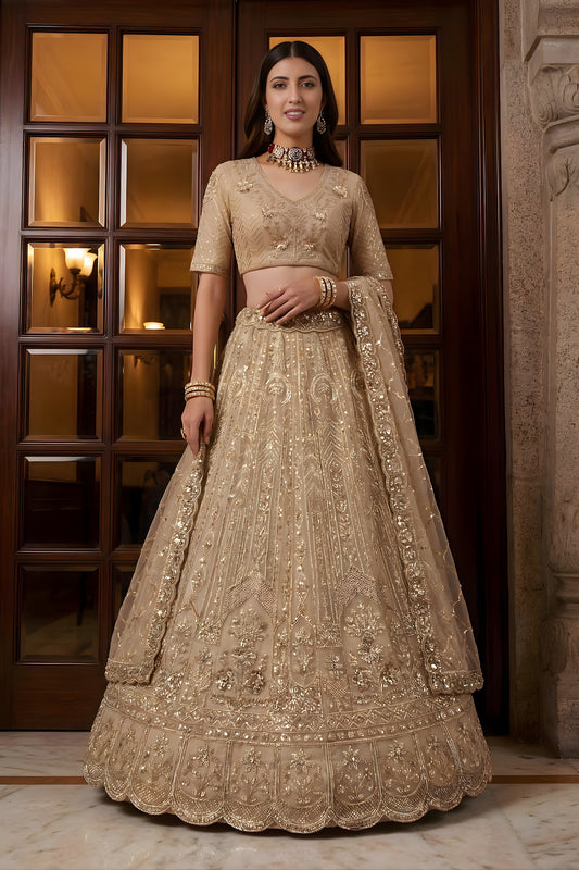 Elegant Beige Embroidered Wedding Wear Lehenga Choli with Net Dupatta