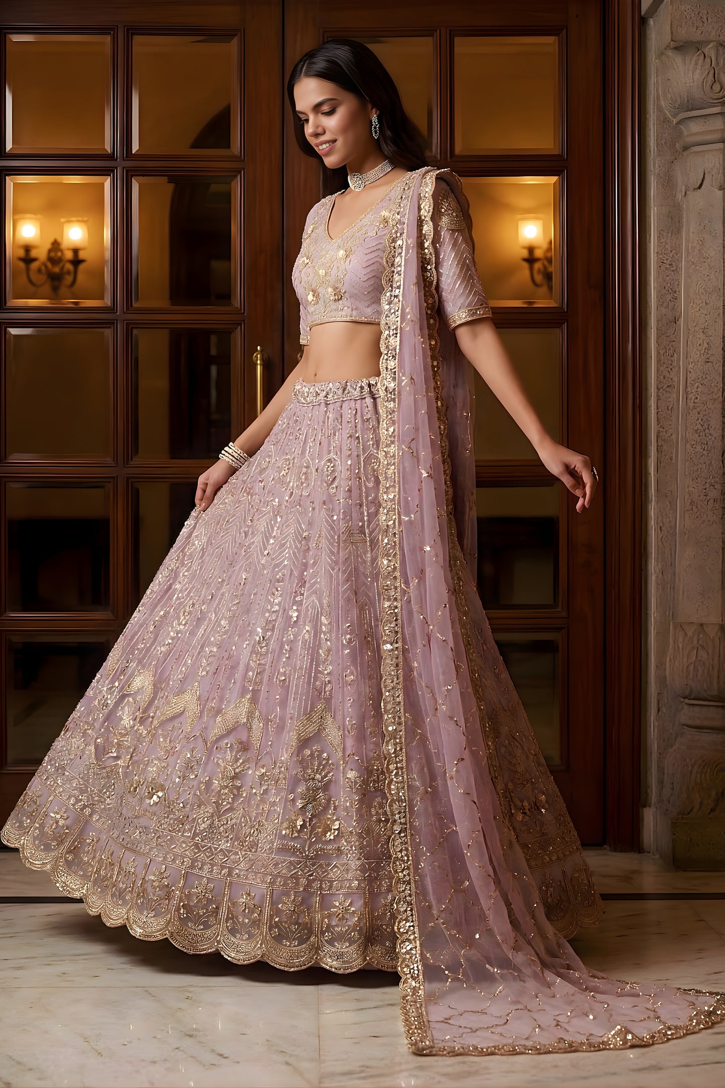 Amazing Lavender Embroidered Wedding Wear Lehenga Choli with Net Dupatta