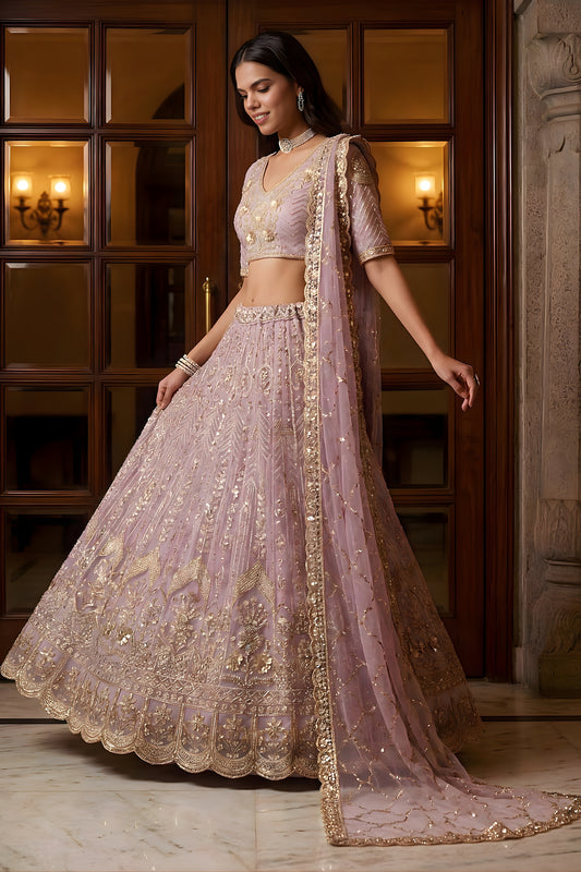 Amazing Lavender Embroidered Wedding Wear Lehenga Choli with Net Dupatta