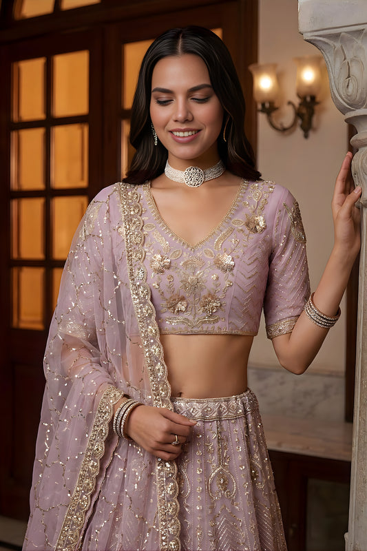 Amazing Lavender Embroidered Wedding Wear Lehenga Choli with Net Dupatta