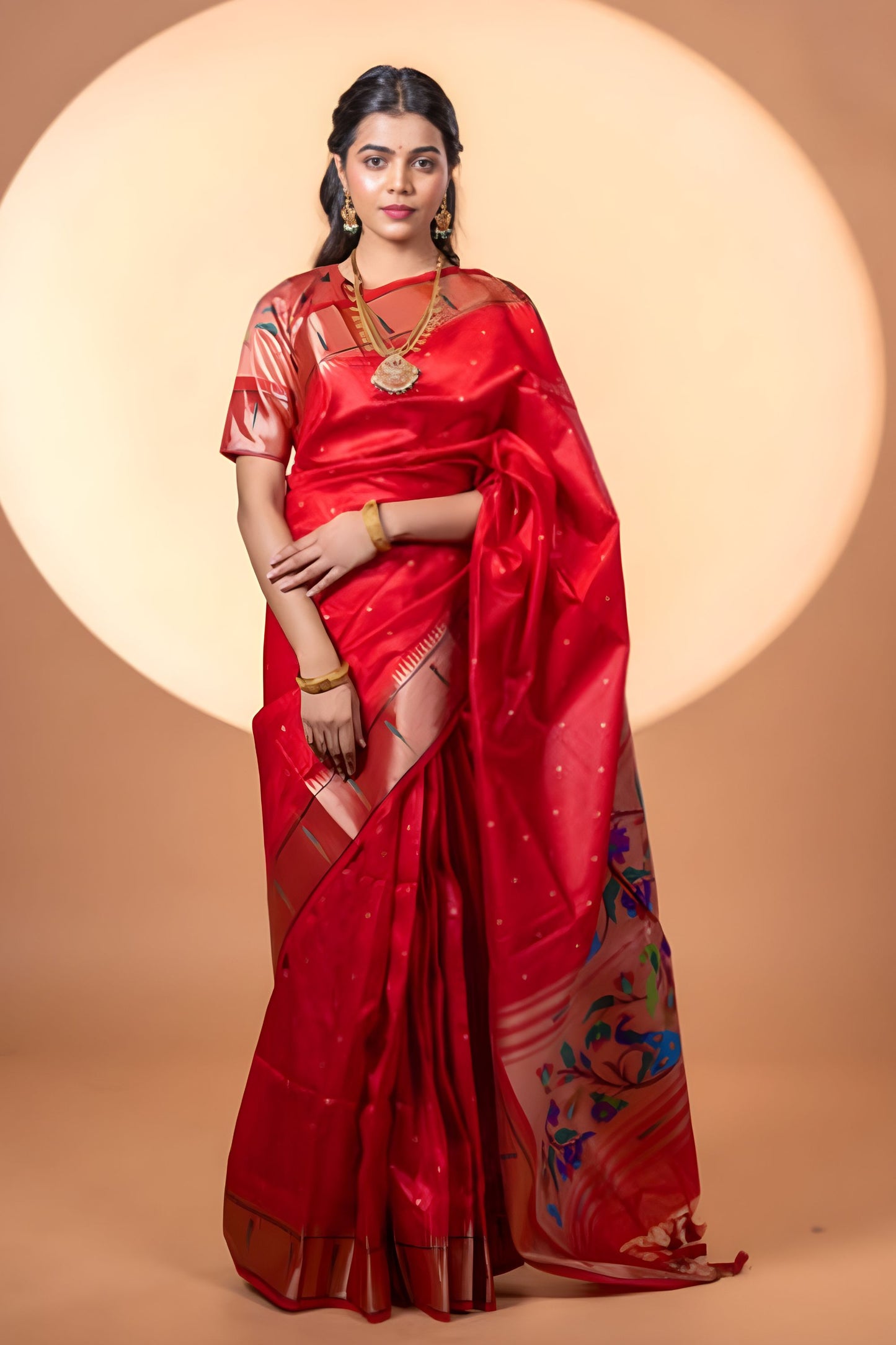 Red Paithani Silk Saree with Golden Zari Border Designer Pallu