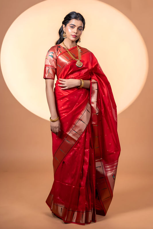 Red Paithani Silk Saree with Golden Zari Border Designer Pallu