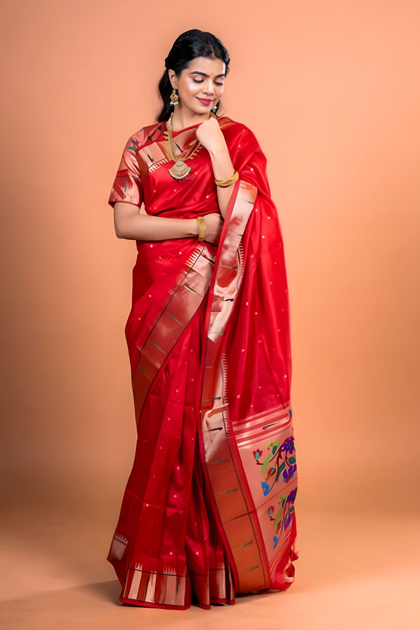 Red Paithani Silk Saree with Golden Zari Border Designer Pallu