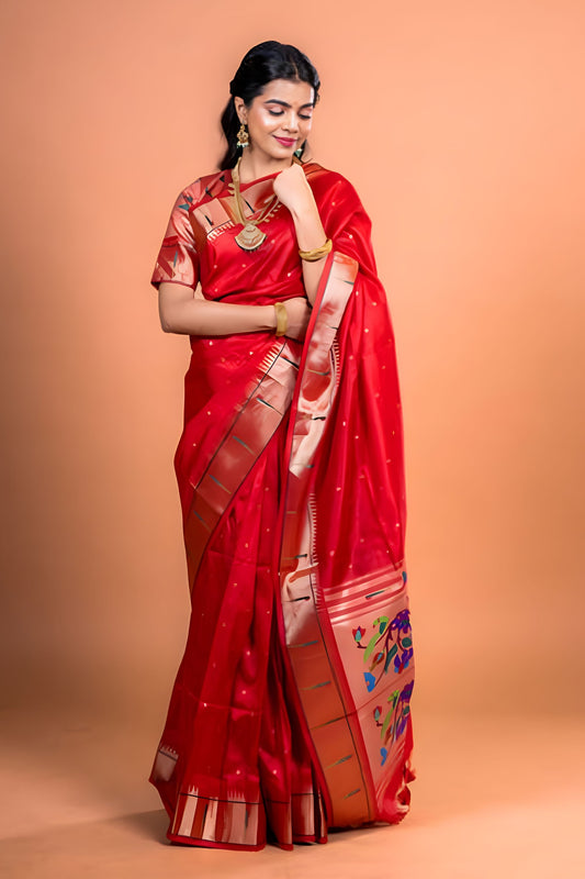 Red Paithani Silk Saree with Golden Zari Border Designer Pallu